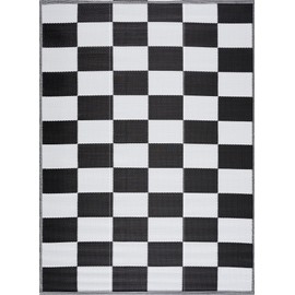 Outdoor Rug - Folded Design - Recycled Plastic Mat for Patio, Camping, Beach, Balcony, Porch, Deck - Weather, Water, Stain, Lightweight, Fade and UV Resistant - California- Black & White (9'x12')