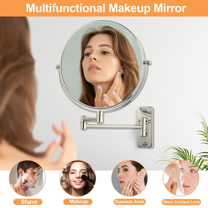 FFowcye 8" Wall Mount Magnifying Mirror, 1X/10X Double-Sided Makeup Mirror