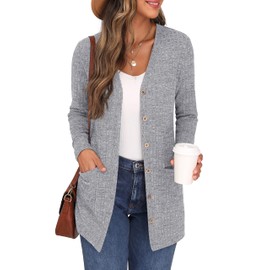 GRECERELLE Womens Cardigan Long Sleeve Open Front Cardigans Button Down V Neck Ribbed Knit Lightweight Outerwear with Pocket (Grey, L)