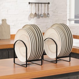LINFIDITE 2 Pack Kitchen Plate Holder Organizer for Cabinet Space Saver Dinner Dish Plate Storage Rack Upright Dish Drying Racks Metal Plate Dish Racks Stand for Cupboard and Countertop Large Black