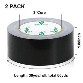 BOMEI PACK Black Duct Tape Waterproof, Strong Black Tape Grips 2Rolls 8.3Mil x1.88inch x 30yds, Residue Free for Crafts and Repair