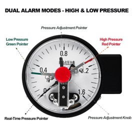 110V High Low Pressure Alarm, 105dB Industrial Sound and Light Pressure Alarm, 0-1.6Mpa High Low Air Gas Water Pressure Monitor Detector with Pressure Gauge & Flashing Light Safety Warning