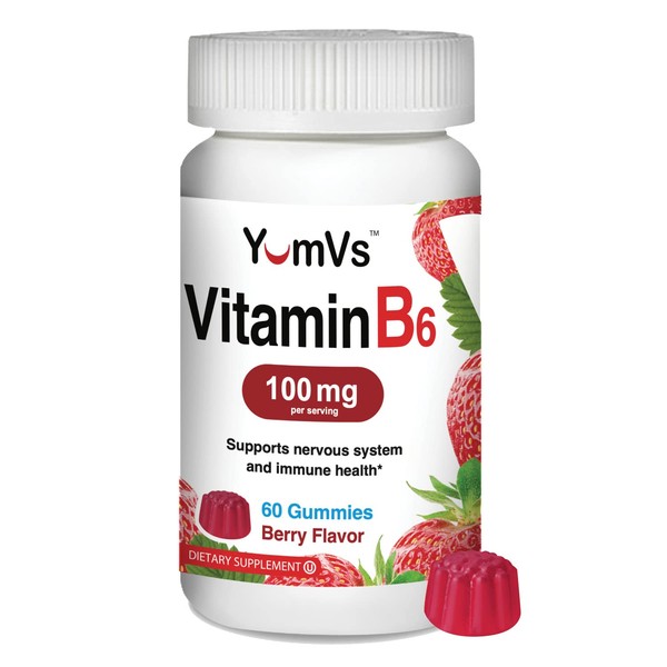 YUM-V'S Vitamin B6 Gummies 100mg by YumVs | Supports Nervous System, Immune System Booster | Dietary Supplement for Adults | Non GMO, Vegetarian, Kosher | Berry Flavor Gummies - 60 Count