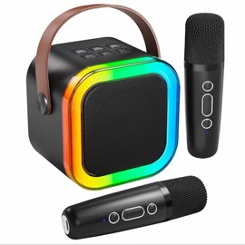 Mini karaoke machine with microphone sound system, portable karaoke machine with 2 wireless microphones, birthday gifts for girls and children aged 4-12, family gatherings Mini Karaoke speaker soundsystem, Audio, Bluetooth - Color: black
