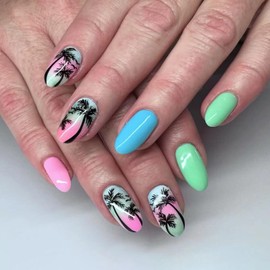 MISUD Press on Nails Short Oval Fake Nails Glossy Glue on Nails Summer Beach Acrylic Nail Supplies Round Artificial Nails Coconut Tree Stick on False Nails Art with Design DIY 24 pcs