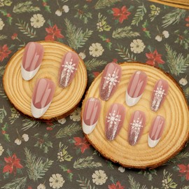 Christmas Press on Nails Medium Almond Fake Nails With Snowflake Designs Xmas White French Tip False Nails Glossy Full Cover Stick on Nails Acrylic Winter Artificial Nails for Women 24 Pcs