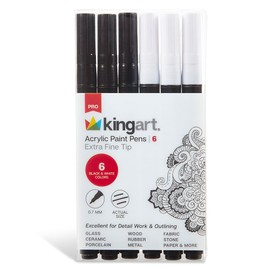 KINGART 453-6A PRO Extra Fine Pt. Black & White Paint Pens, 0.7mm Tip, 6 Acrylic Paint Markers, Low-Odor & Quick Drying for Rock, Wood, Metal, Plastic, Glass, Ceramic & More, Set of 6
