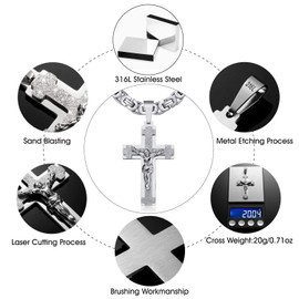 WESTMIAJW 8mm Mens Stainless Steel Silver Jesus Cross Pendant Necklace Chain Bracelet Set Jewelry 75cm