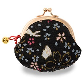 Kyoto Gimidou Kyoto Yuzen Rabbit Pattern Wallet with Bell 2.6 Inch Purse Made in Japan, Black