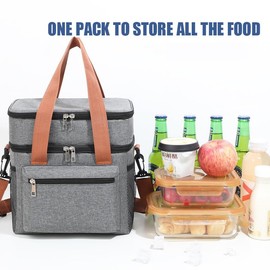 Lunch Bag for Men and Women - Cooler Bag with Double Compartment and Shoulder Strap, Large Leakproof Cooler Bag, Ideal for Work, Picnics, Travel and Beach (Gray, Large)