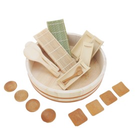 BambooMN 14.2" Hangiri Oke Sushi Rice Cooling Bowl/Tub with 19 Pieces Sushi Making Serving Accessory Kit - Extra Large