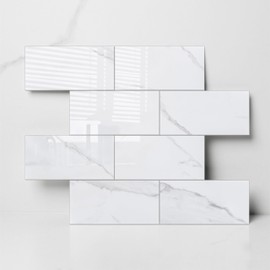 COLAMO Luxury 10-Sheet Peel and Stick Backsplash,Self Adhesive Faux Stone 12”x12” White Subway Tile for Kitchen,Glossy Waterproof Carrara Brick Marble Look,Stick on Accent Wall for Bathroom,Bedroom