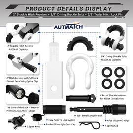 AUTMATCH Shackle Hitch Receiver 2 Inch - 3/4" D Ring Shackle and 5/8" Trailer Hitch Lock Pin, 45,000 Lbs Break Strength Heavy Duty Receiver Towing Kit for Off-Road Vehicle Recovery, White