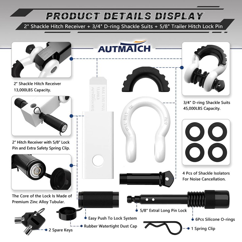 AUTMATCH Shackle Hitch Receiver 2 Inch - 3/4" D Ring