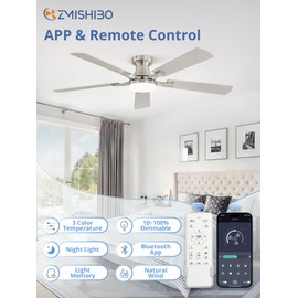 ZMISHIBO 52 Inch Ceiling Fan with Light, App&Remote Contorl, Flush Mount Low Profile, Dimmable 20W LED Light, Quiet Reversible Motor for Bedroom, Living Room, Apartment, Nickel
