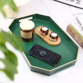 Omuriko Green Decorative Tray with Handles, Versatile Serving Tray for Coffee Table, Ottoman, Ideal for Serving, Displaying, Organizing, 15.7"*10.2"*1.57"