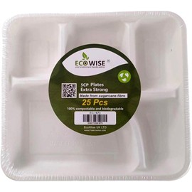 Best House EcoWise 100% Compostable and Biodegradable 5 Compartment Dinner Plates, 5CP Food Tray, Eco-Friendly Disposable Sugarcane Paper Trays (Pack of 25 PCS)