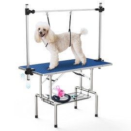 Lyromix 46''Large Dog Grooming Table, Adjustable Cat Drying Desktop with Arms, Nooses, Mesh Tray, Foldable Pet Station at Home, Maximum Capacity Up to 330Lb, 36inch, Blue
