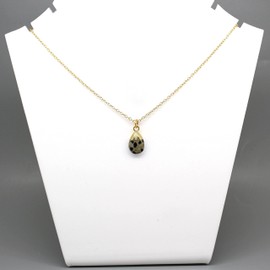 Gempires Dalmatian jasper Crystal Pendant Necklace, 9 x 13 mm Pear Cabochon, 16 + 2 Inch Adjustable 14k Yellow Gold Plated Chain(Dalmatian jasper)