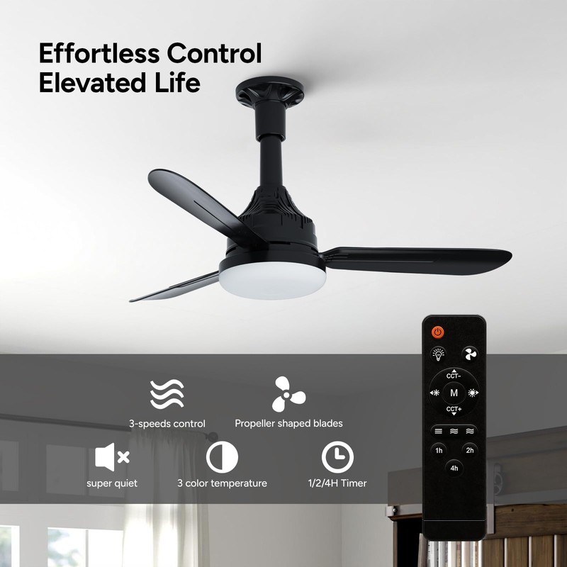 Faryuan 28" Small Ceiling Fans with Lights and Remote, Black