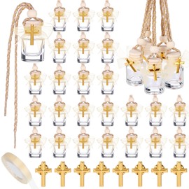 Afarnook 30 Set Holy Water Bottles Baptism Favors for Guest 8ml Mini Catholic Christian Holy Water Container with Cross Pin and Ribbon for Church Baptism Communion Christian Gift(Yellow,Cylindrical)