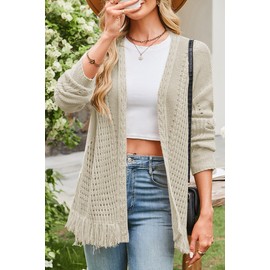 Cakulo Womens Crochet Fringe Cardigan Sweaters Oversized Lightweight Fall Open Front Cable Knit Cardigans 2025 Apricot M