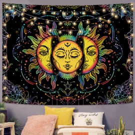 Lifeella Blacklight Sun and Moon Tapestry, UV Reactive Burning Sun Tapestries Glow in Dark Aesthetic Mystic Wall Hanging Colorful (Mutil, 68"×90" (172.5×230cm))