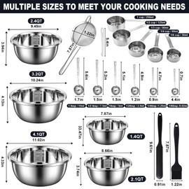 20Pcs Mixing Bowl Set,Stainless Steel Mixing Bowls,Large Nesting Bowls 4.1/3.2/2.4/2.1/1.4QT with Measuring Cups and Spoons Set,Fine Mesh Strainer,Jar Spatula,Brush for Baking Utensils Metal Bowl