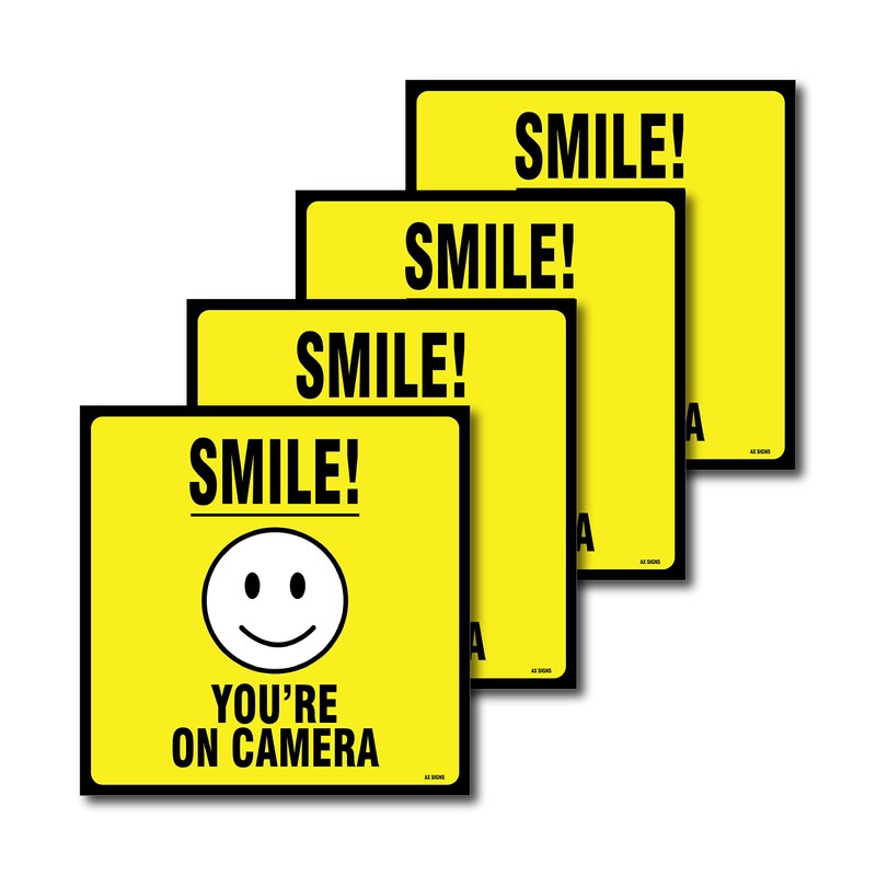 (4-Pack) Smile! You Are On Camera Sign, 5.5 X 5.5