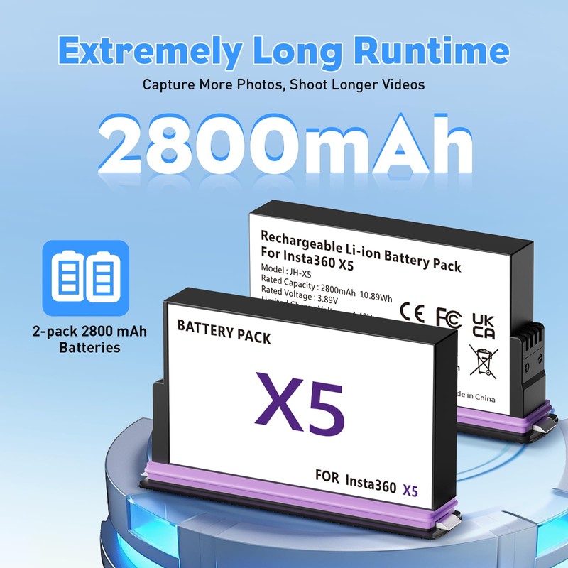Rszfnjxry Insta 360 X5 Battery 2800mAh High Capacity 2 Packs