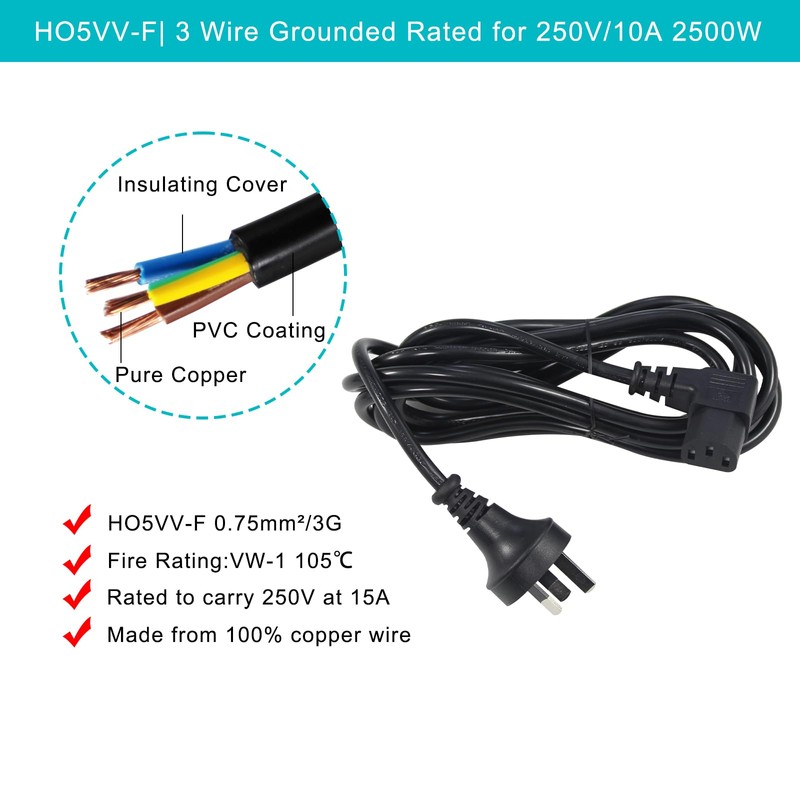 C13 Right Angle Power Cord 3 Prong Plug 5M Long