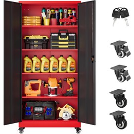SISESOL 75" Tall Metal Storage Cabinet with Wheels,Rolling Garage Storage Cabinet with Lock,Red Metal Cabinets on Wheels,Locking Tool Cabinets on Wheel for Garage,Home,Office,Shop