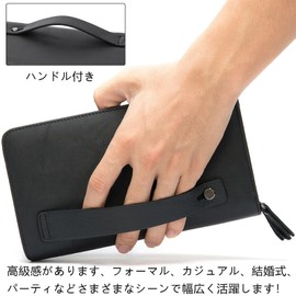 Wifreo Genuine Leather, Second Bag, Men's, Large Capacity, Smartphone Compatible, Leather Clutch Bag, 8 Card Slots, Coin Purse, Round Zipper, Clutch Wallet, Gentleman, Handheld Bag, Parties, Weddings, Popular Bag, Lightweight, Black