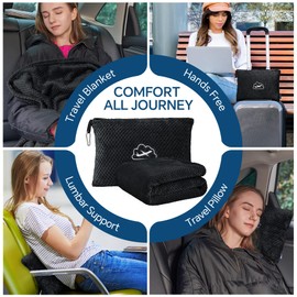 BEDELITE Travel Blanket Airplane Compact with Bag, Portable and Packable 2 in 1 Jacquard Travel Pillow and Blanket Set, Airplane Blanket Travel Essentials with Luggage Sleeve & Backpack Clip, Black