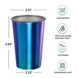 MEWAY 4 Pack 16oz Stainless Steel Pint Cup,Healthy Unbreakable and Stackable,Metal Drinking Glasses，Beer Glasses（Rainbow）