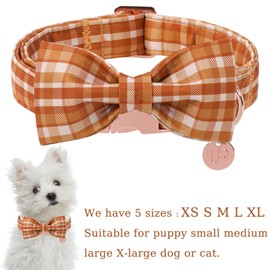 UP URARA PUP Fall Plaid Dog Collar and Bow Tie Set – Brown Orange Checkered Adjustable Collar with Maple Leaf Charm for Small Medium Large Dogs, Soft Cotton Puppy Collar with Quick Release Buckle
