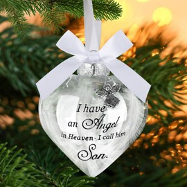 Yueshop Christmas Memorial Baubles Pendant Feather Ball “I Have an Angel in Heaven,I call him My Son” Christmas Ornament, Bereavement Gift To Remember Loved Ones, Christmas Tree Hanging Decoration