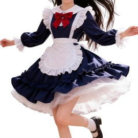 AOTYP Maid Dress Gothic Lolita Cosplay Costume Frills Lolita Headband Included 4 Piece Set Neat and Tidy Sweet Waitress Women's Dress Cafe Amusement Park Cute Maid Costume Fancy Dress Christmas