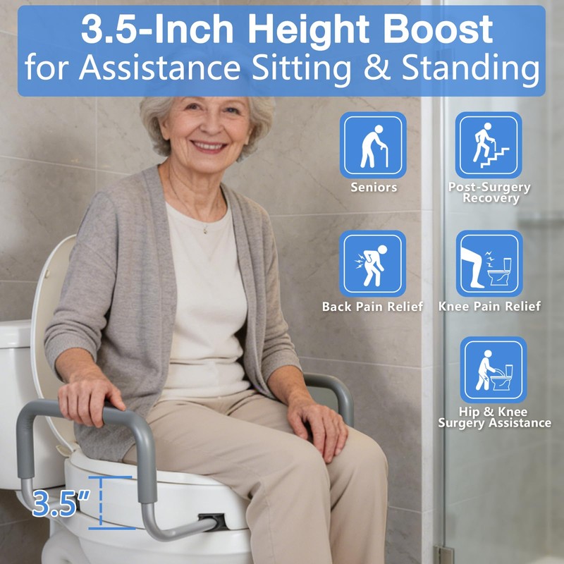 Raised Toilet Seat with Handles for Seniors, Fits Round Toilet
