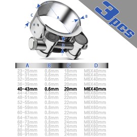 T Bolt Hose Clamps 40-43mm Exhaust Pipe Clamp 3 Pieces Heavy Duty Tube Clamps 304 Stainless Steel Bolt Clip Band Width 20mm for Exhaust Hose Water Pipe Attachment