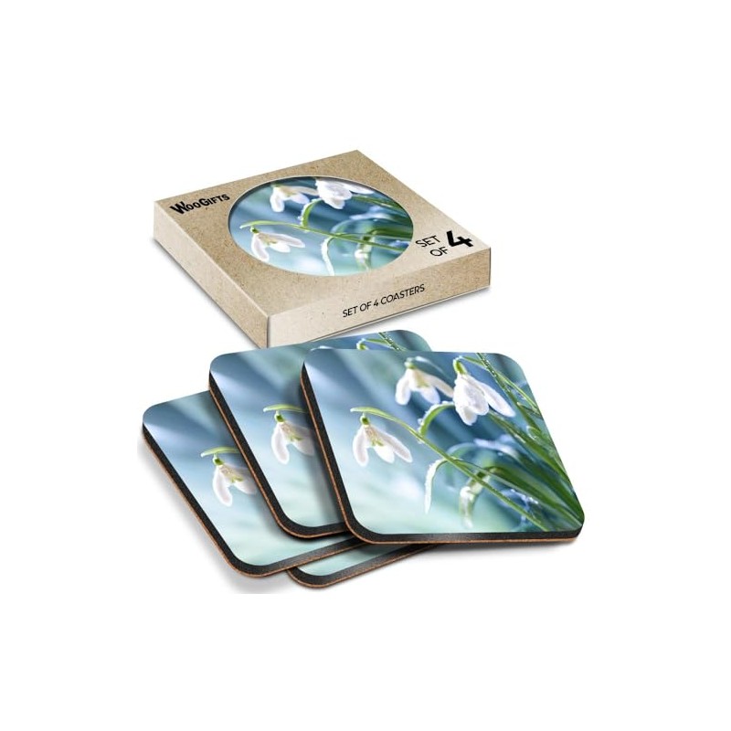 4 x Square Coasters - Spring Snowdrop Flowers Cork Backed