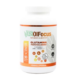 JustOlfocus 90 cápsulas de Glutamina, Fosfatidilserina, Zinc, Magnesio y 7 vitaminas, sin azúcar y sin sodio.