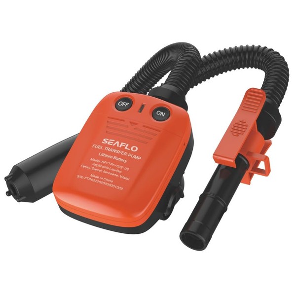 SEAFLO Rechargeable Automatic Electric Fuel Pump Transfer Pump (Flow Rate 2.3 GPM - 3.1 GPM) with Lithium Battery, Hose Suction Pipe Length (18”/ 465mm) and Flexible Discharge Hose Length: 41”/ 1050mm