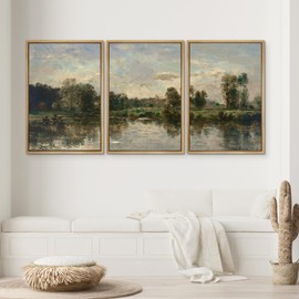 SIGNWIN Framed Canvas Print Wall Art Set Peaceful River Landscape Serene Waters and Lush Forest Illustrations Modern Scenic Colorful Ultra for Living Room, Bedroom, Office - 24"x36"x3 NATURAL