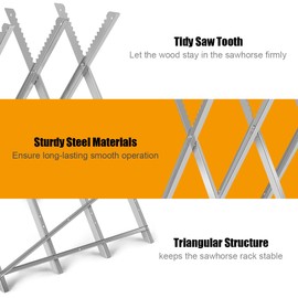 IRONMAX Folding Saw Horse for Log, Heavy Duty Steel Sawbuck w/ Sawtooth for Firewood, 220 LBS Weight Capacity, Adjustable Lightweight Sawhorse Wood Cutting Stand
