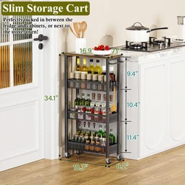 OKZEST Utility Slim Storage Cart, 4 Tier Small Rolling Kitchen Laundry Room Cart with Wood Top, Metal Narrow Bathroom Storage Cabinet Mobile Shelf Unit Organizer Trolley with Handle for Narrow Space
