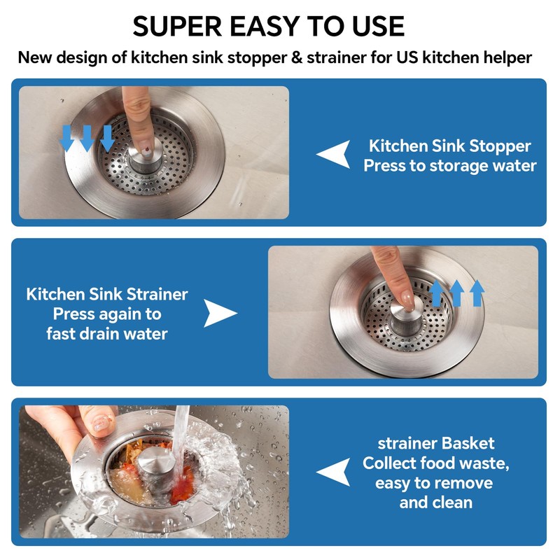 SELLO 3 in 1 Kitchen Sink Drain Strainer, 304 Stainless