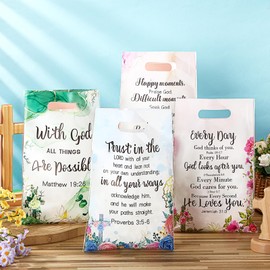60 Pcs Christian Gift Bags with Handles for Women Religious Plastic Bag with Bible Verse Bulk for Church Religious Christian Gifts Inspirational Flower Pouches for Women Party Favor Church