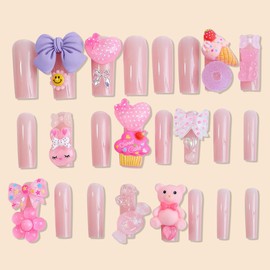 Pikabows Press On Nails Extra Long Coffin Pink 3D Lollipop Candy Bear Bow Ice Cream Y2K Glossy Fake Nails Acrylic False Nail Tips Kit Glue on Nails for Women