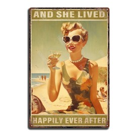 THUANCKY Vintage Wall Decor and She Lived Happily Ever After Girl and Beach Funny Decor Garage Bar Beer Sign Dorm Room Decor 8x12inch